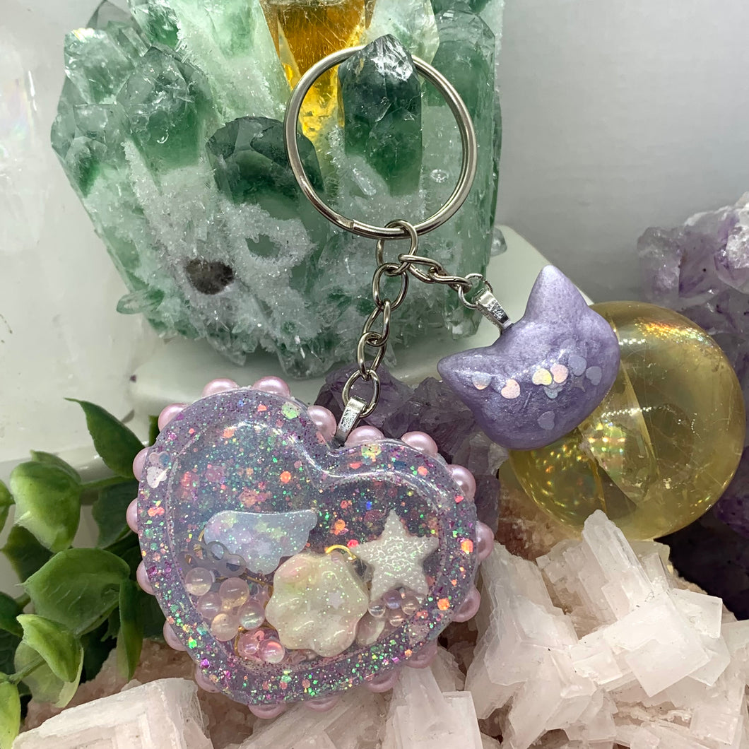 Kitty Themed Heart Dry Shaker Keychain